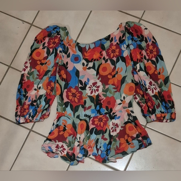 Zara Orange and Blue Smocked Peplum Blouse with Bell Sleeves - Picture 4 of 6